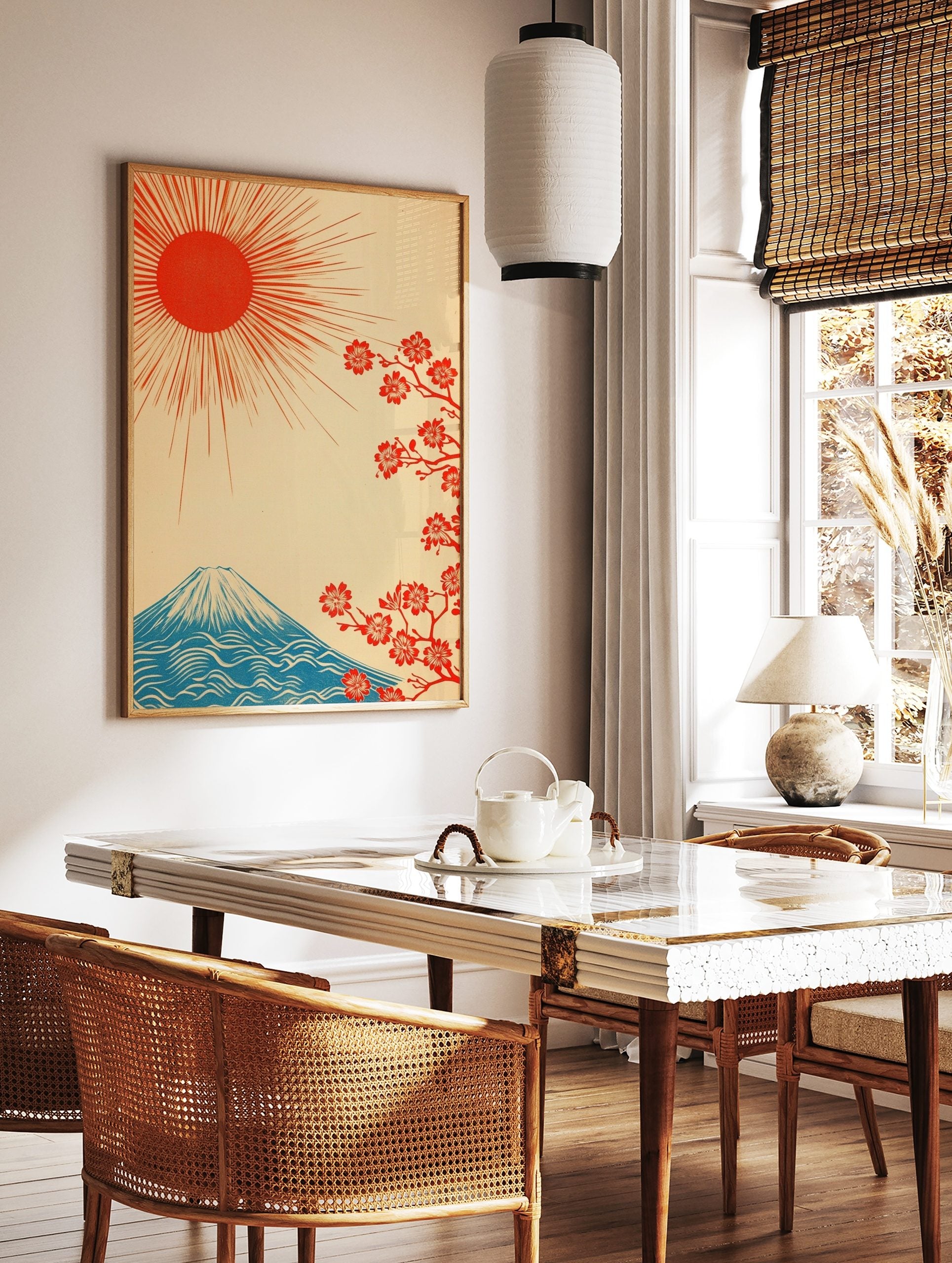 Japanese Mount Fuji mountain with red rising sun and cherry blossoms on a cream background in, in a styled room mockup