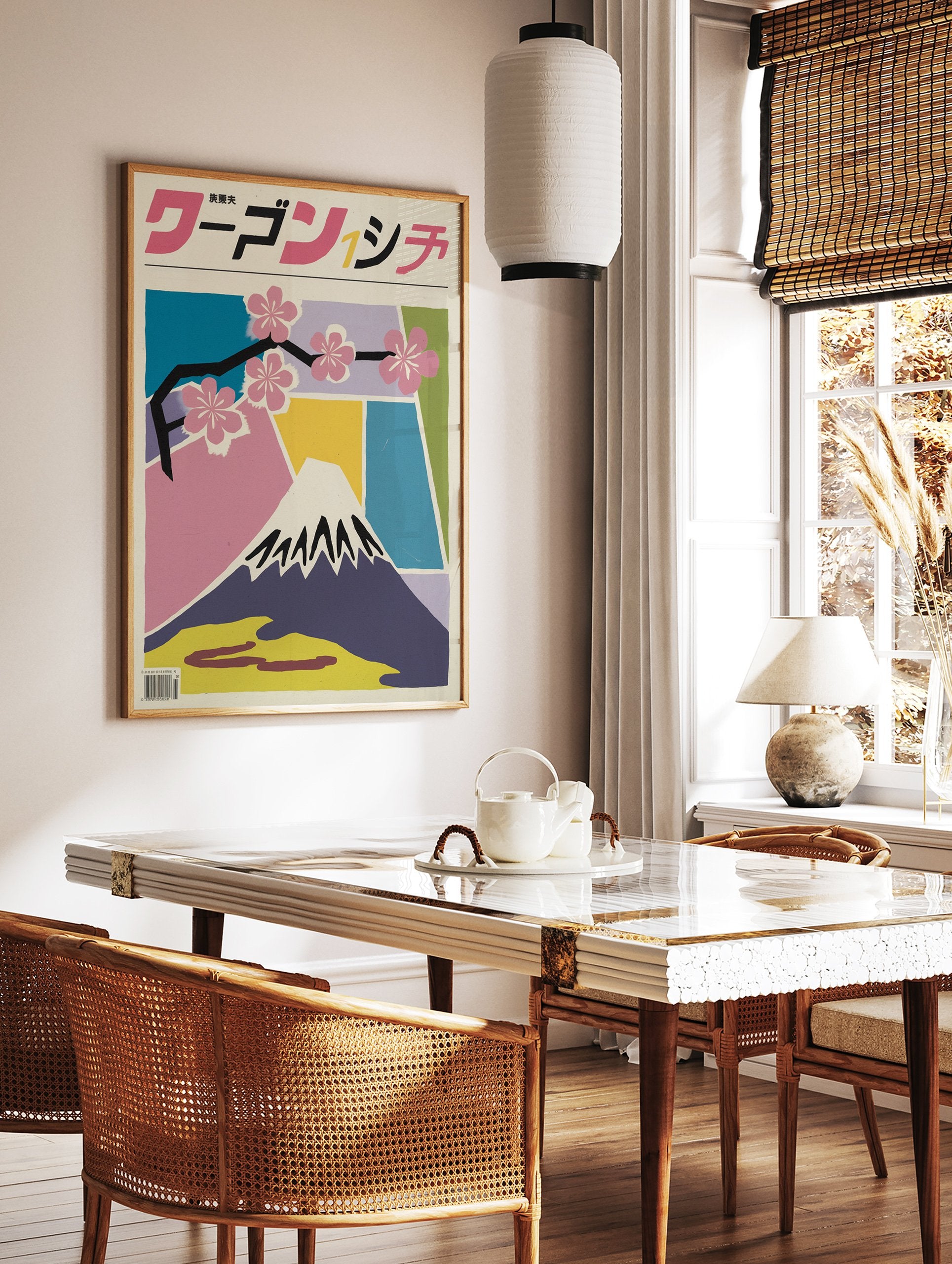Japanese poster with a modern illustration of Mount Fuji, pink cherry blossoms, and bold Japanese text on a colorful background. - Image 2
