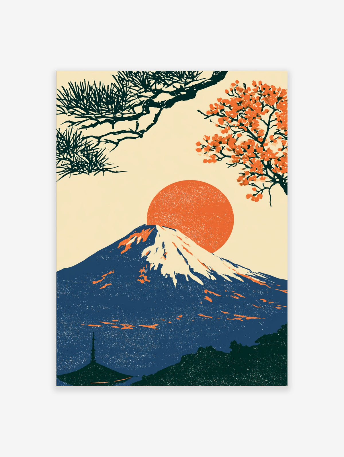 Mount Fuji poster with orange sun, dark pine branch, and orange blossom on cream background