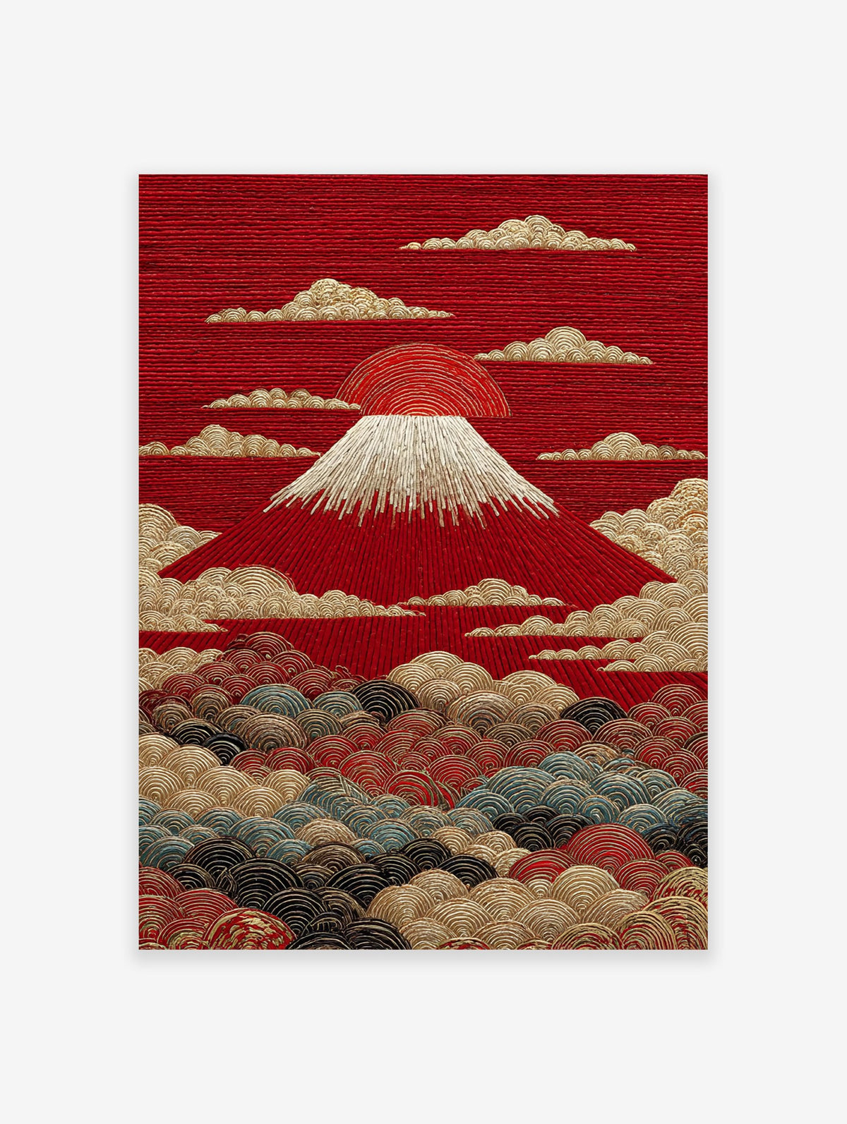 Japanese Mount Fuji poster with a red sun, white snow cap, and gold textured clouds and waves.