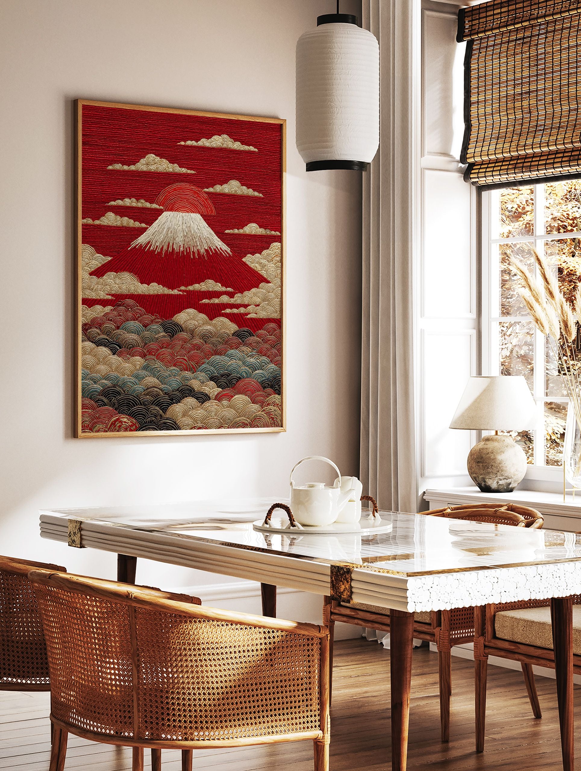 Japanese Mount Fuji poster with a red sun, white snow cap, and gold textured clouds and waves. - Image 2