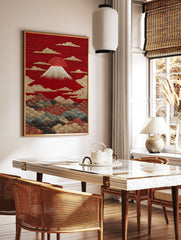 Japanese Mount Fuji poster with a red sun, white snow cap, and gold textured clouds and waves. - Image 2