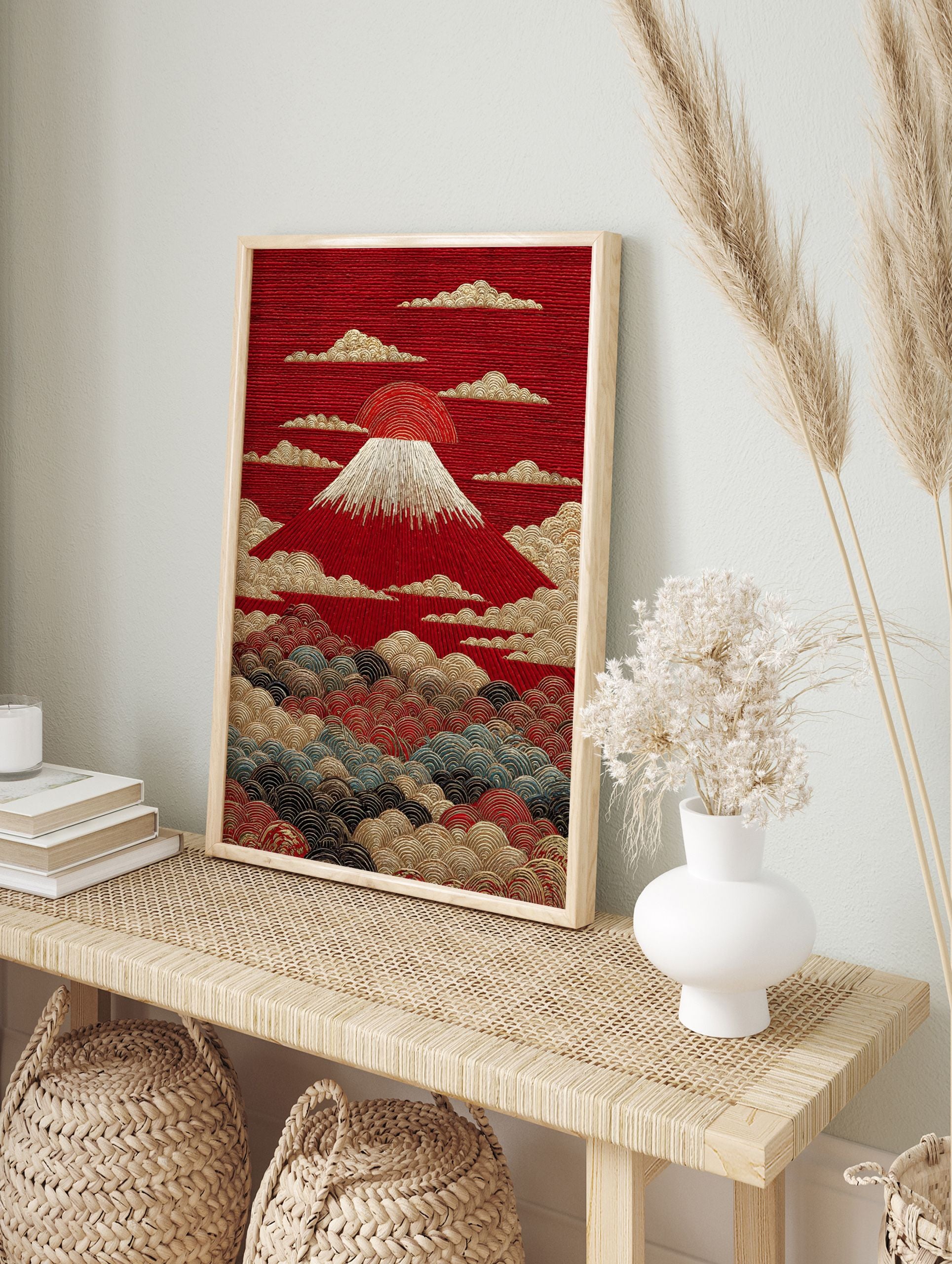 Japanese Mount Fuji poster with a red sun, white snow cap, and gold textured clouds and waves. - Image 4