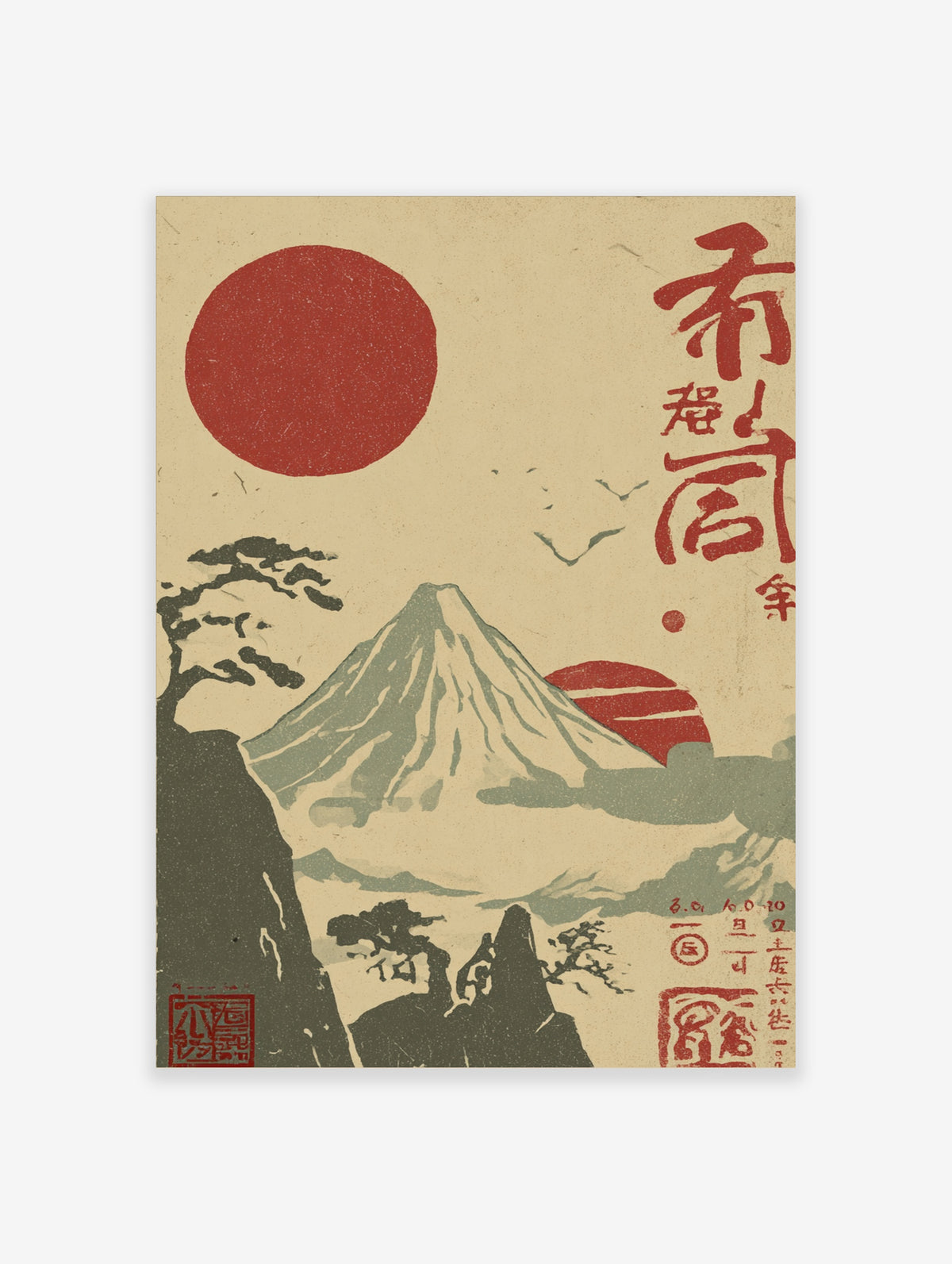 Japanese Mount Fuji poster with red sun, pine tree, birds, and red calligraphy on beige background