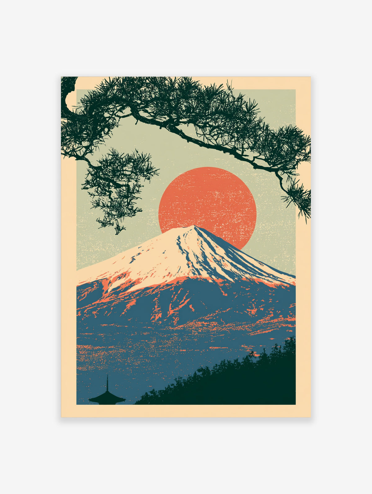Mount Fuji poster with red sun, pine branches, and pagoda in retro Japanese woodblock style