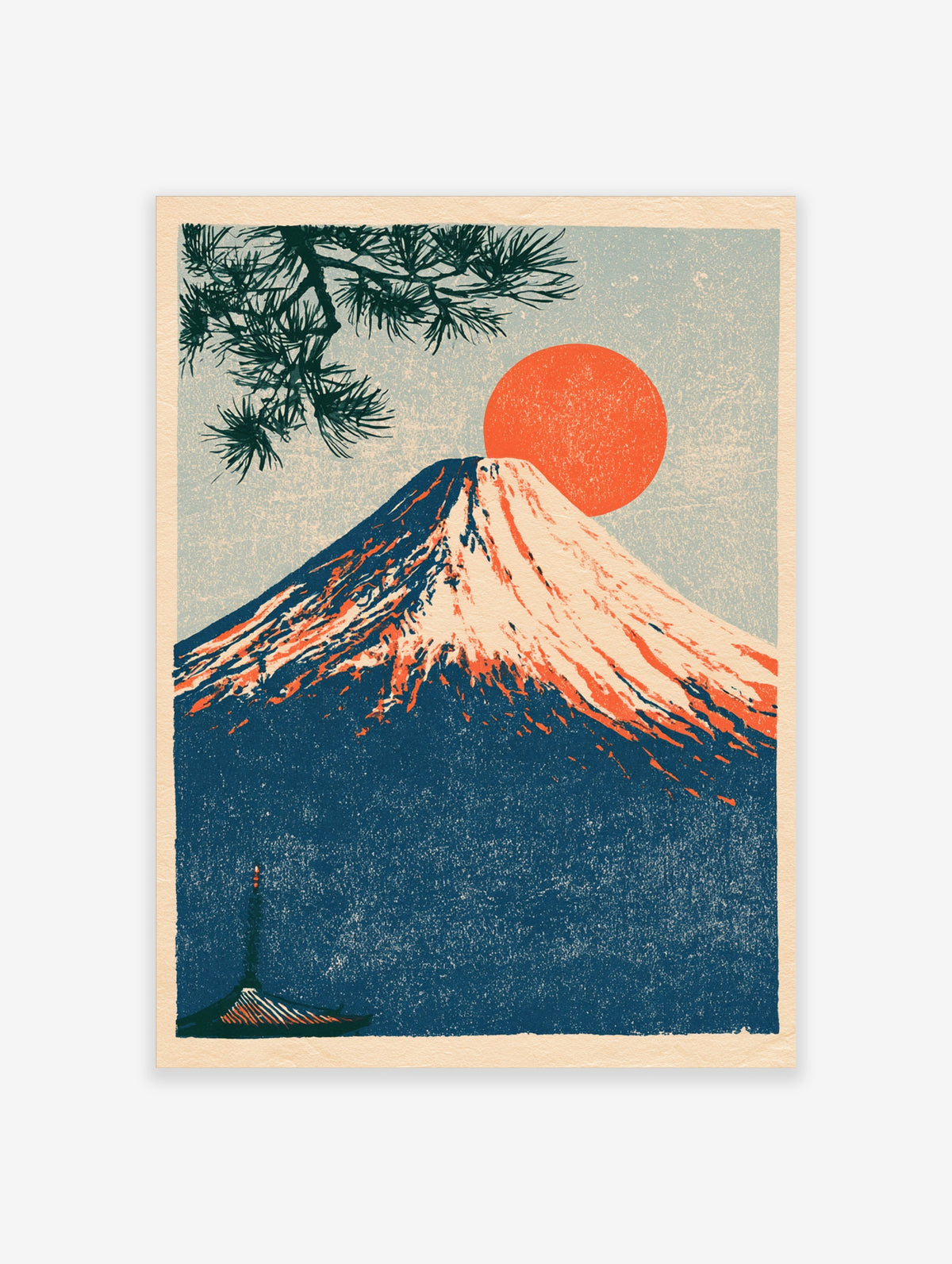 Japanese Mount Fuji poster with red sun, pine branch, and boat on deep blue background