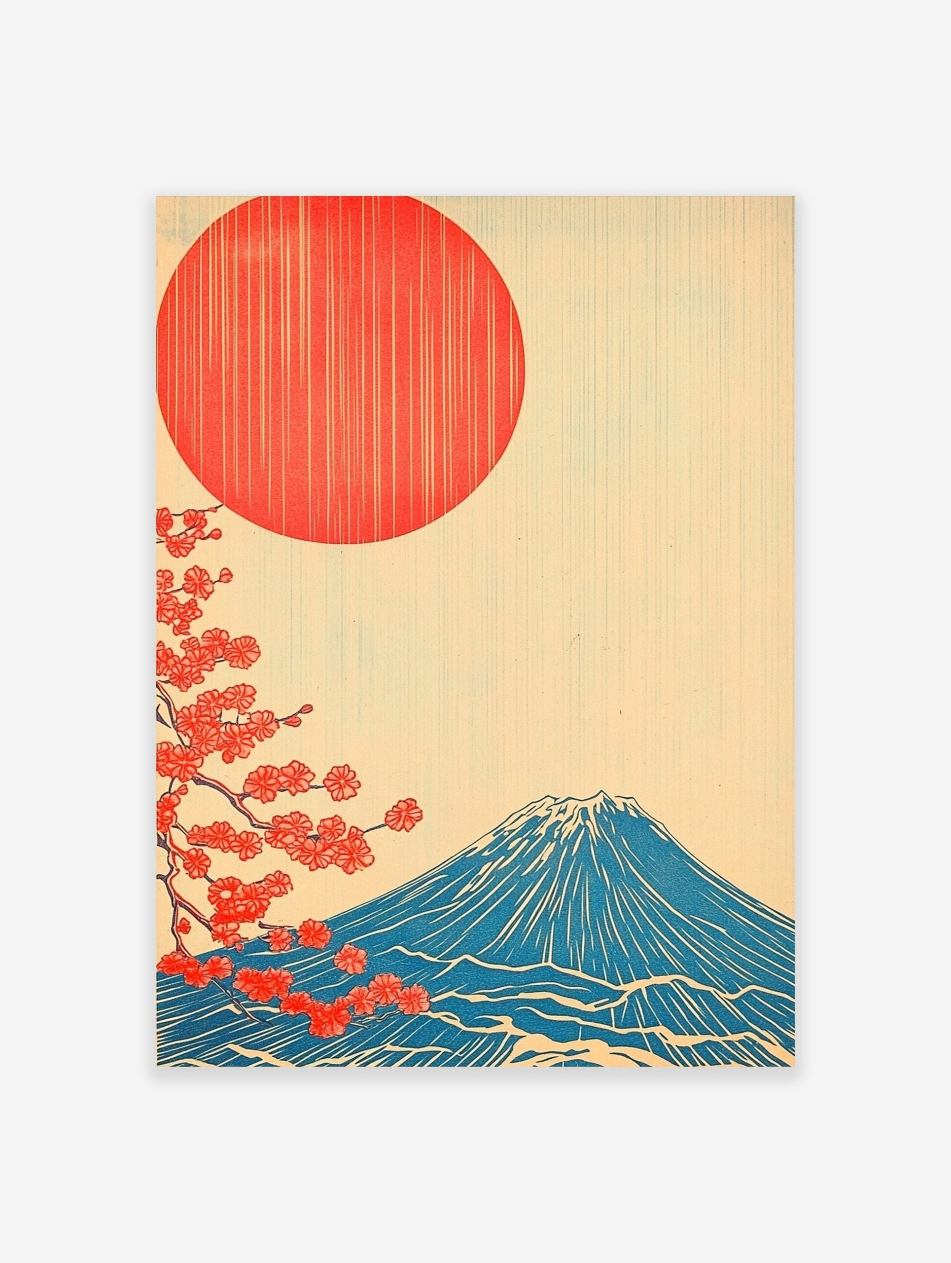 Japanese Mount Fuji art print with red sun, blue mountain, and red cherry blossoms on a cream background