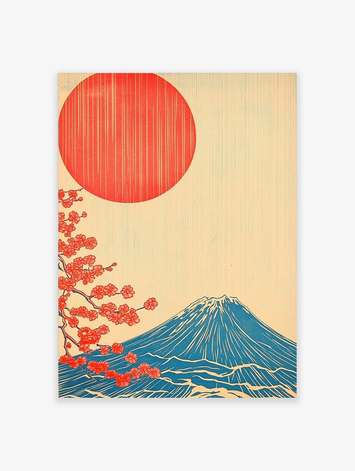Japanese Mount Fuji art print with red sun, blue mountain, and red cherry blossoms on a cream background