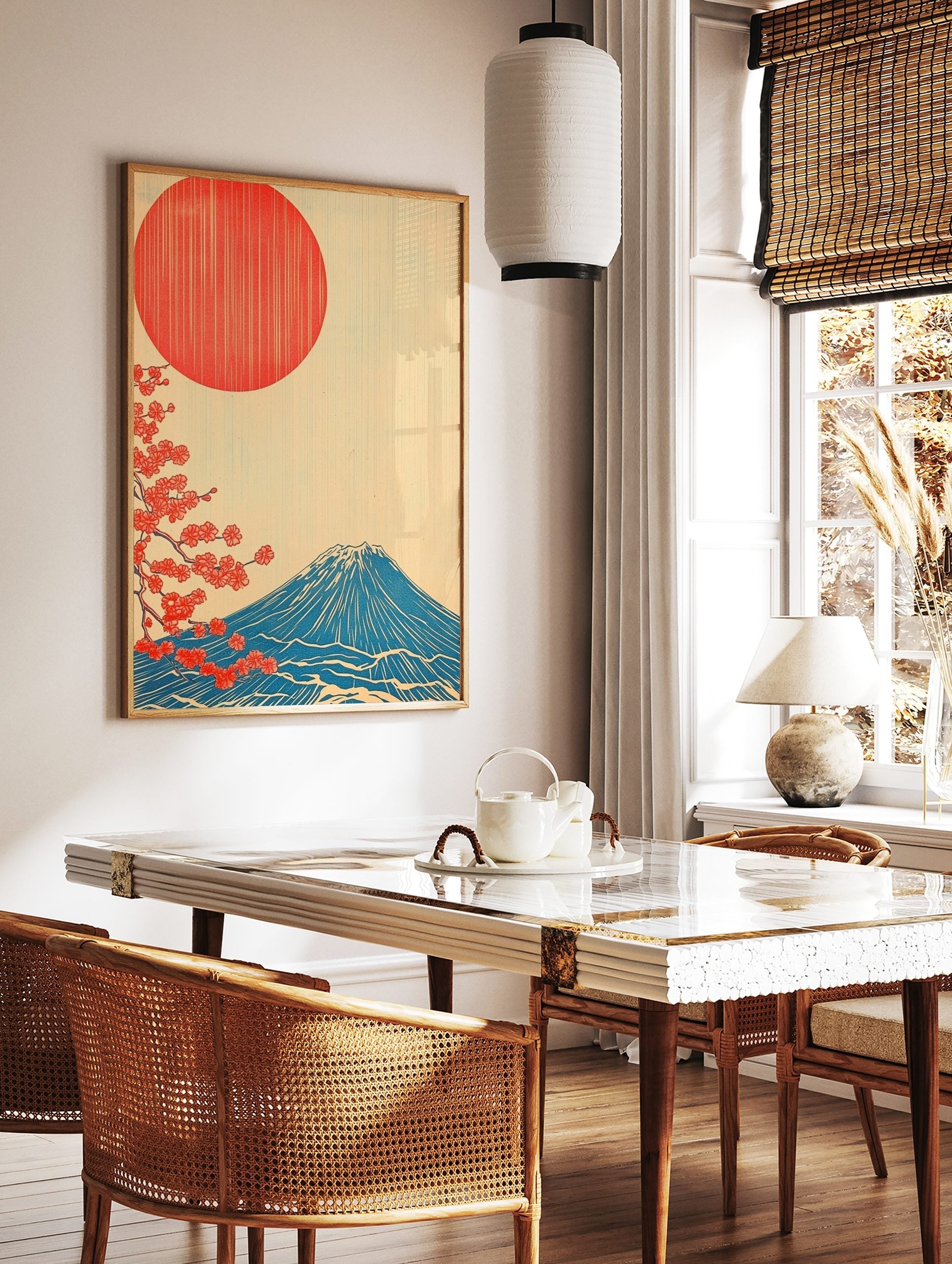 Japanese Mount Fuji art print with red sun, blue mountain, and red cherry blossoms on a cream, in a styled room mockup