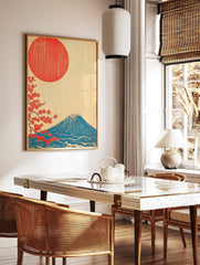 Japanese Mount Fuji art print with red sun, blue mountain, and red cherry blossoms on a cream, in a styled room mockup