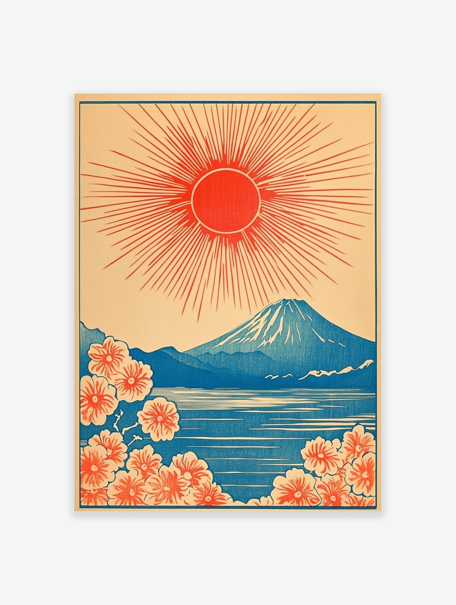 Japanese Mount Fuji print with red rising sun, blue lake, and orange cherry blossoms in illustrative style