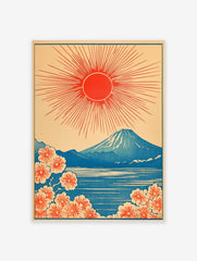 Japanese Mount Fuji print with red rising sun, blue lake, and orange cherry blossoms in illustrative style