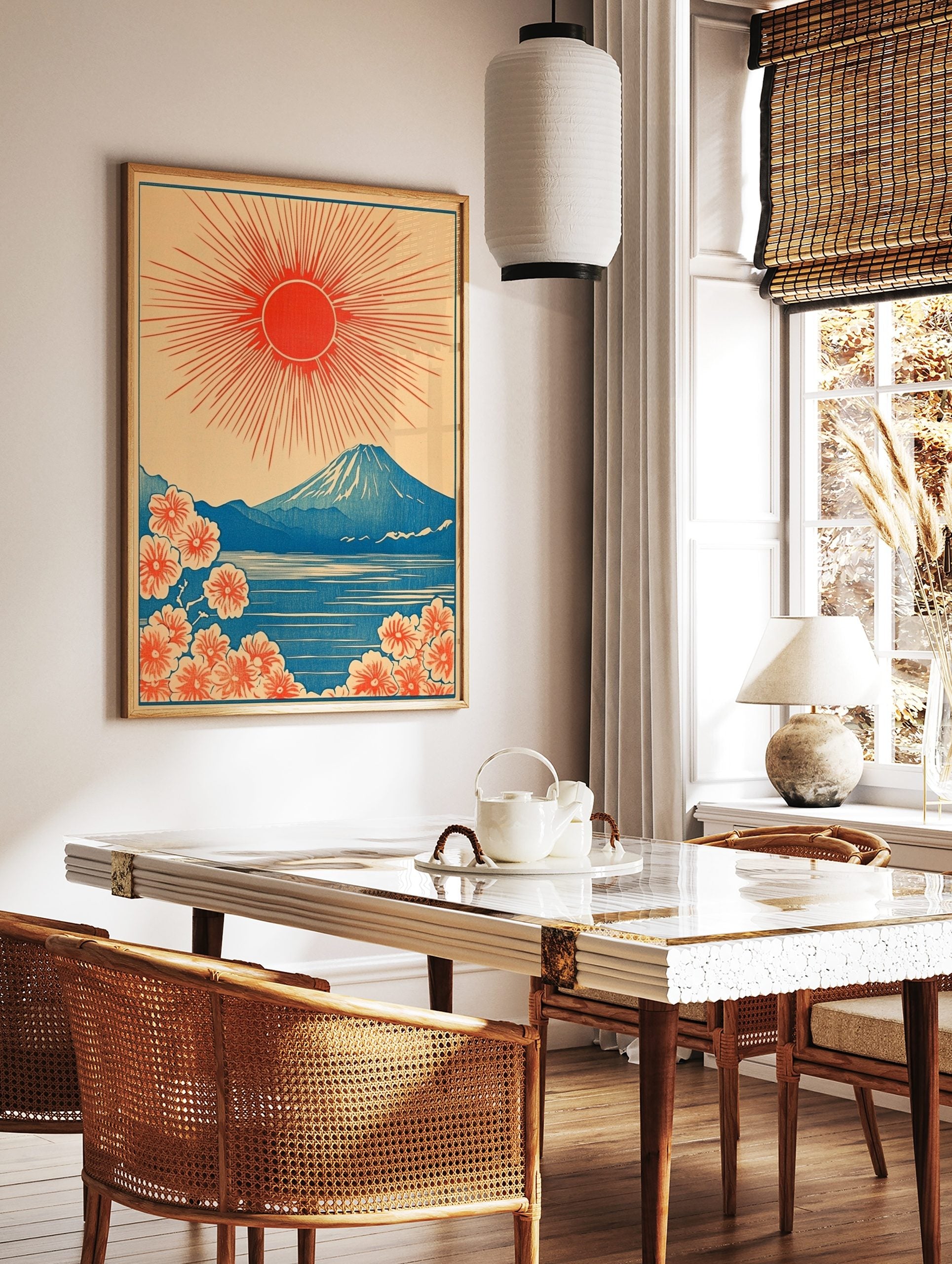 Japanese Mount Fuji print with red rising sun, blue lake, and orange cherry blossoms in, in a styled room mockup