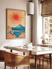 Japanese Mount Fuji print with red rising sun, blue lake, and orange cherry blossoms in, in a styled room mockup