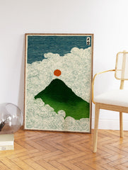 Japanese woodblock style art print of a green mountain, red sun, and swirling clouds, reminiscent of Mount Fuji. - Image 2