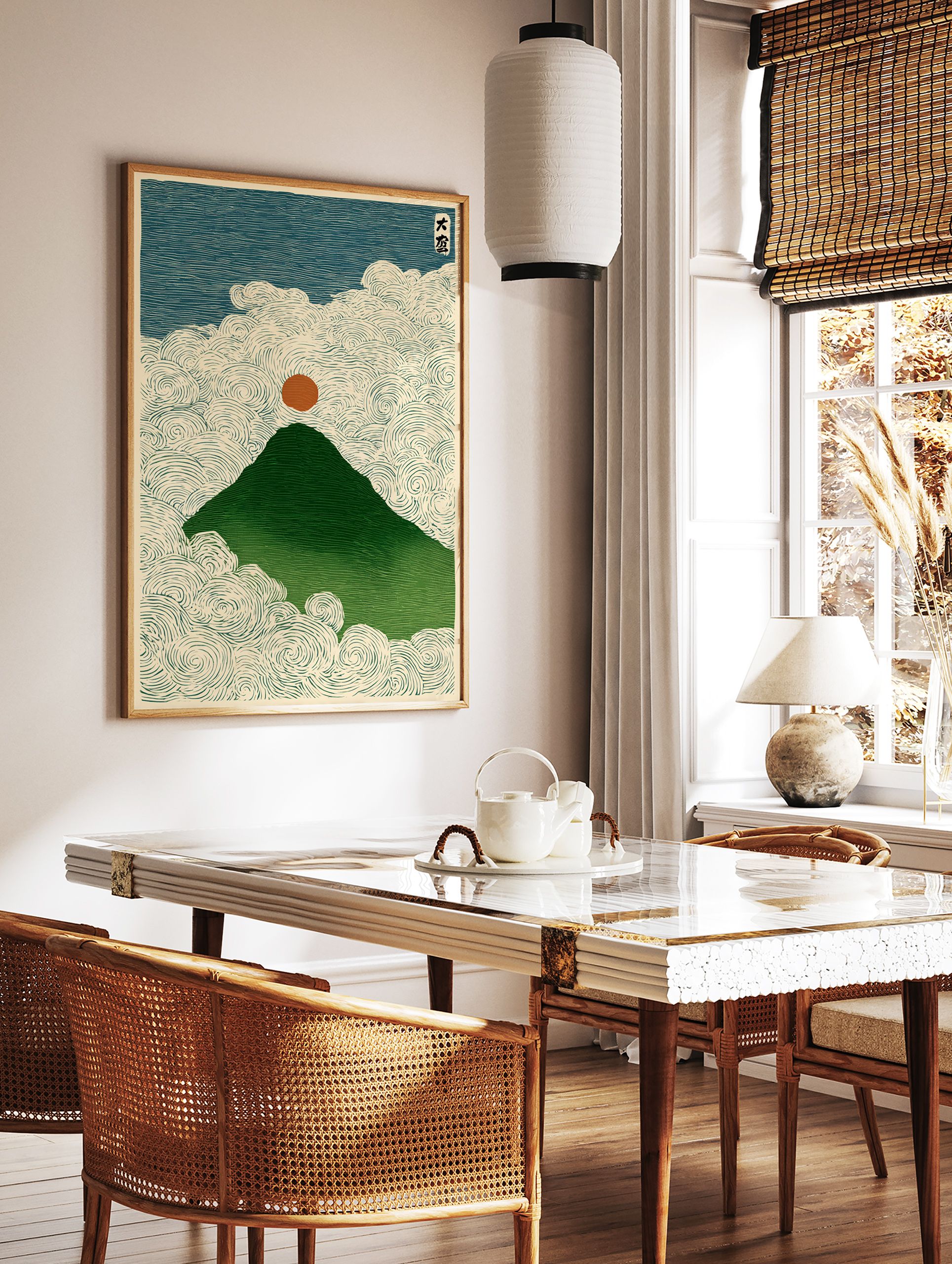 Japanese woodblock style art print of a green mountain, red sun, and swirling clouds, reminiscent of Mount Fuji. - Image 3