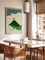 Japanese woodblock style art print of a green mountain, red sun, and swirling clouds, reminiscent of Mount Fuji. - Image 3