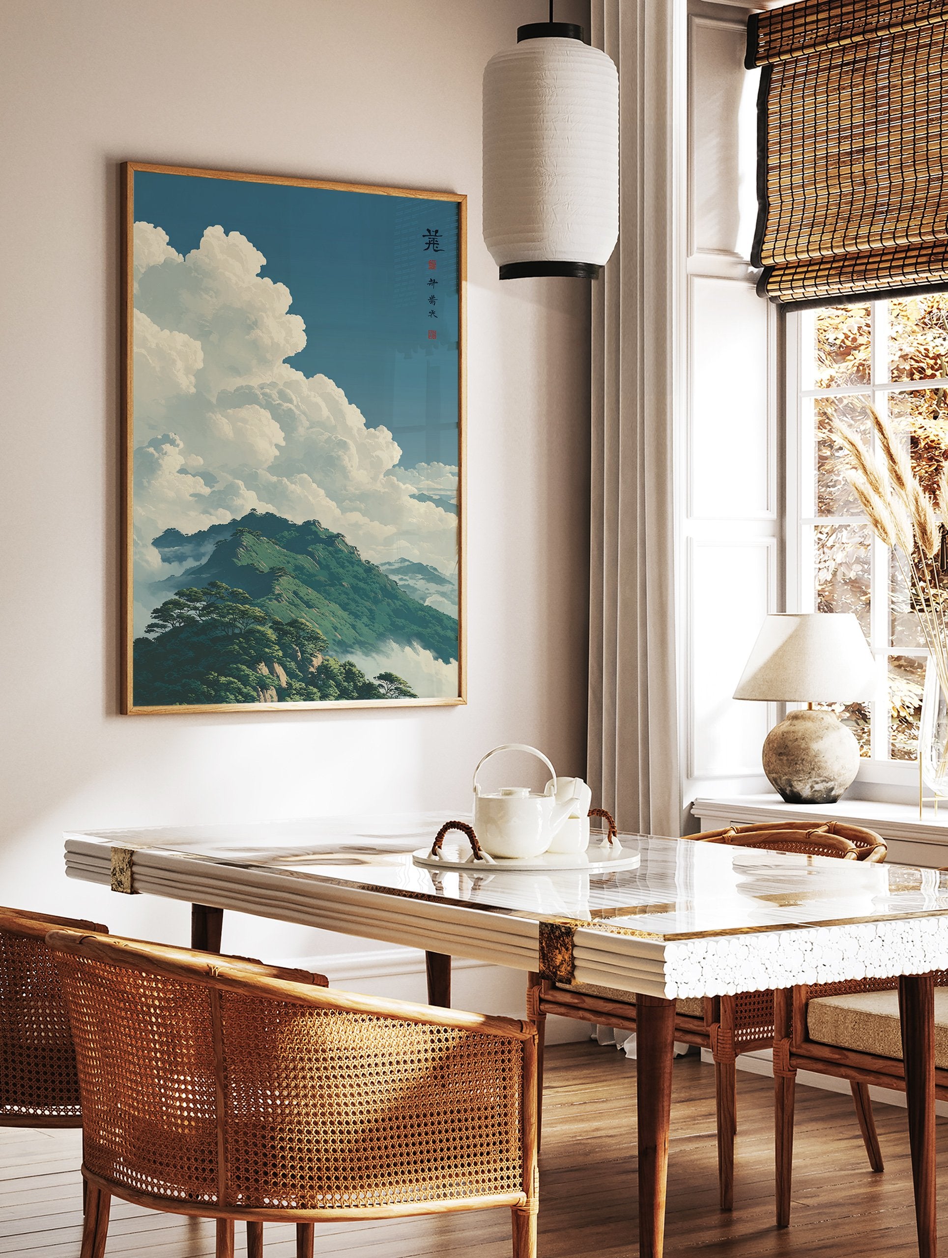 Japanese mountain landscape poster with lush green peaks shrouded in soft white clouds under a clear blue sky. - Image 2