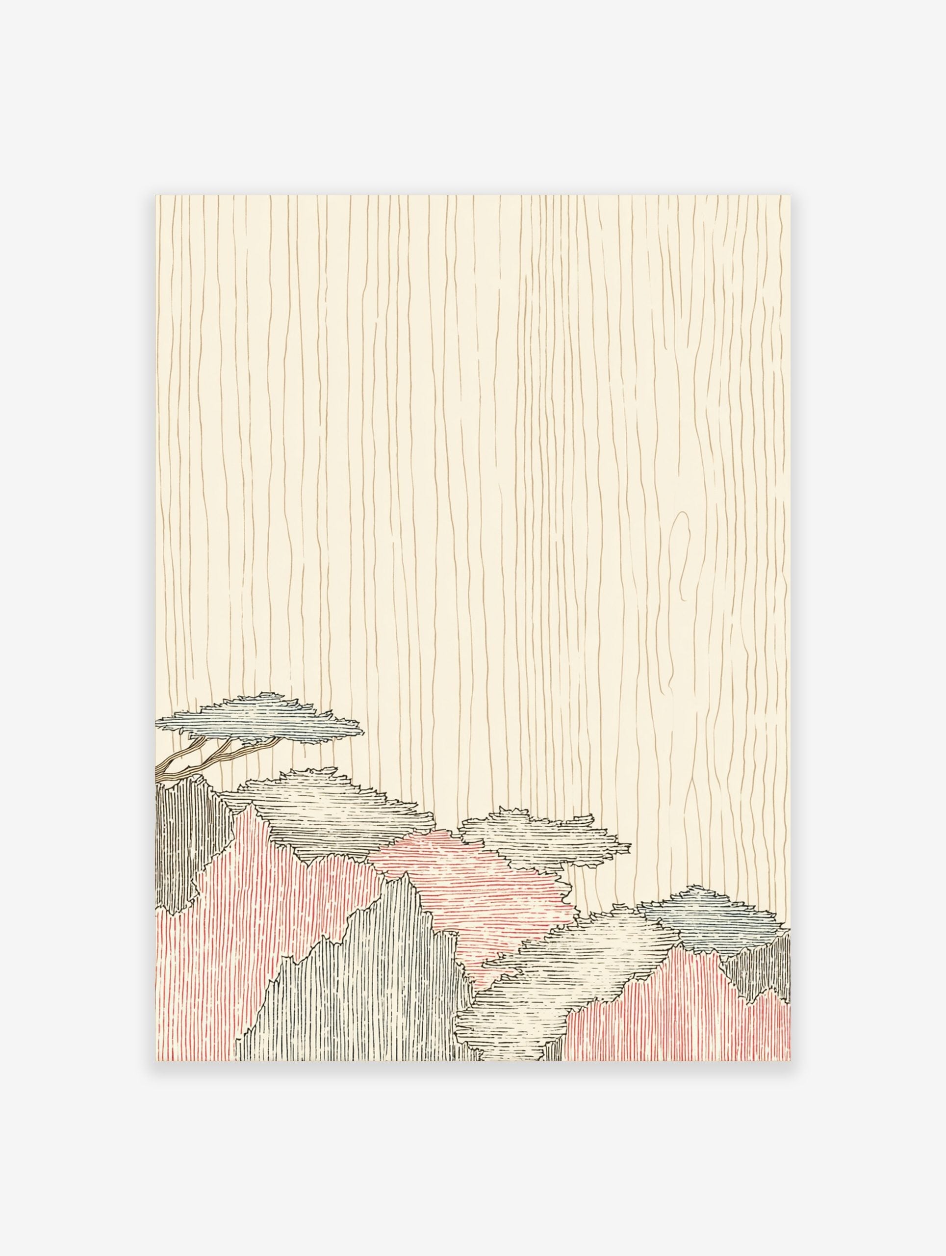 Stylized Japanese mountain landscape print with blue, red, black foliage against a beige wood grain background