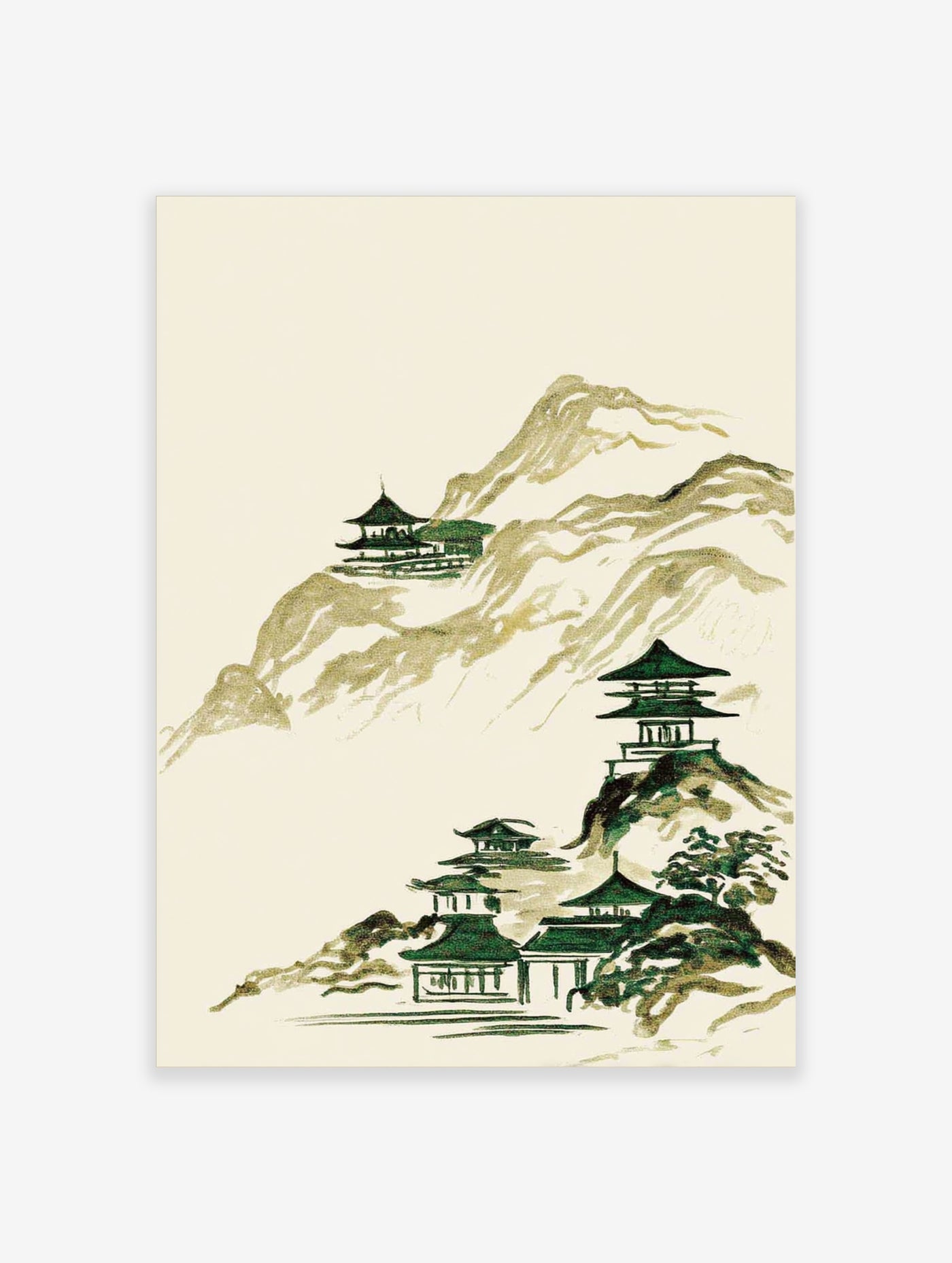 Japanese mountain landscape print with green pagodas and beige hills