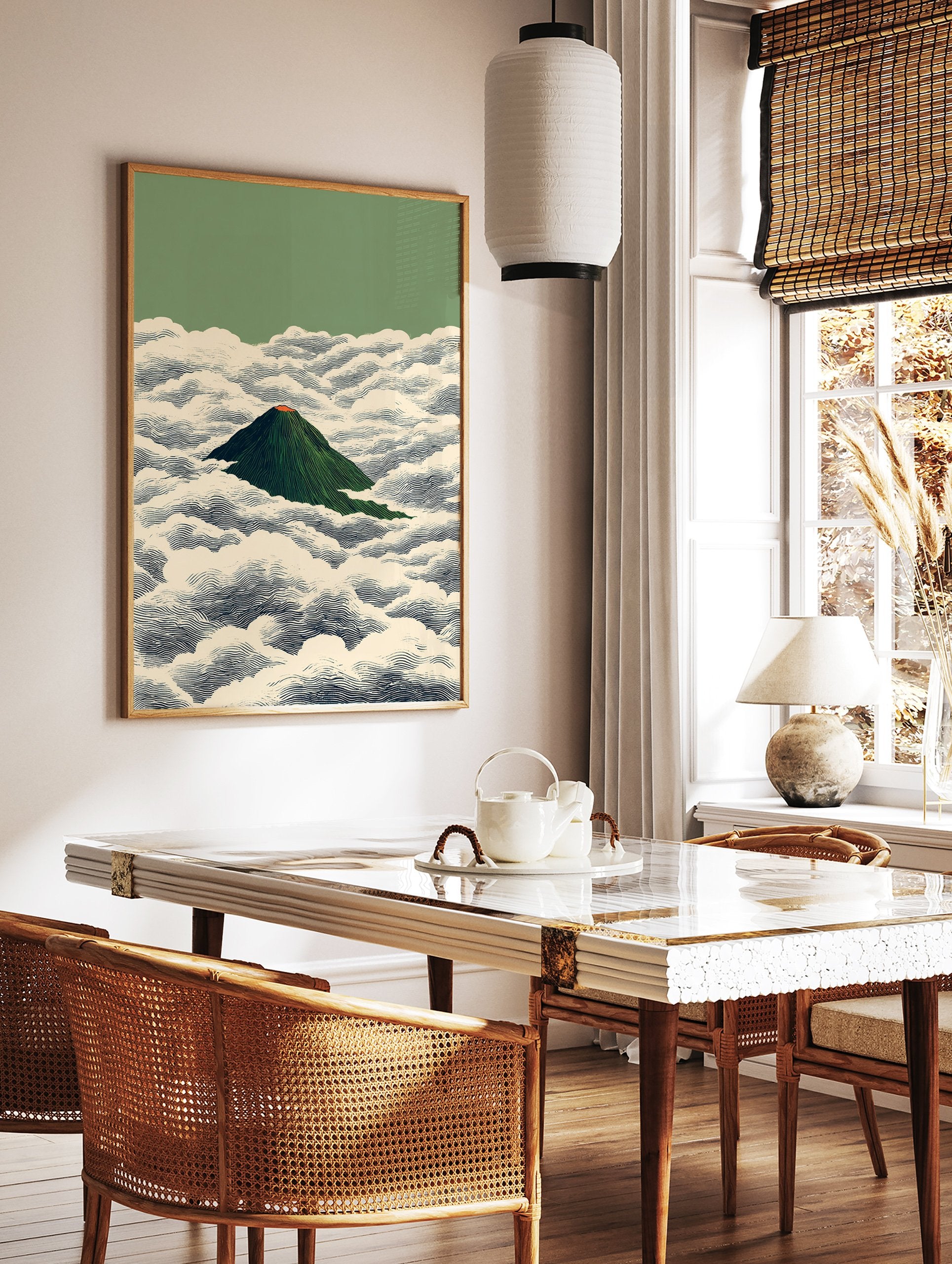 Japanese Mountain Poster featuring a green volcano with an orange peak, surrounded by stylized white and blue clouds. - Image 2