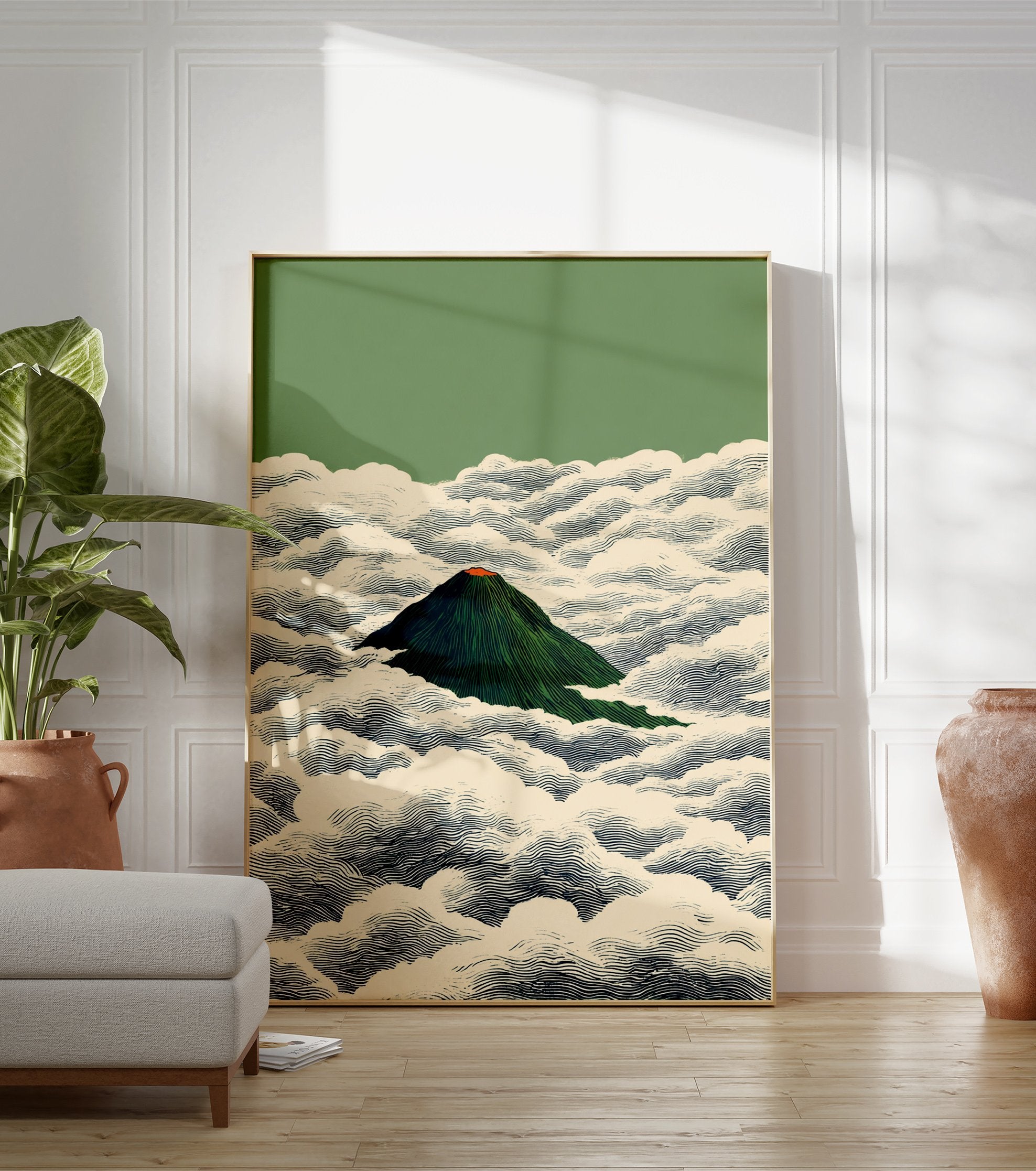 Japanese Mountain Poster featuring a green volcano with an orange peak, surrounded by stylized white and blue clouds. - Image 3