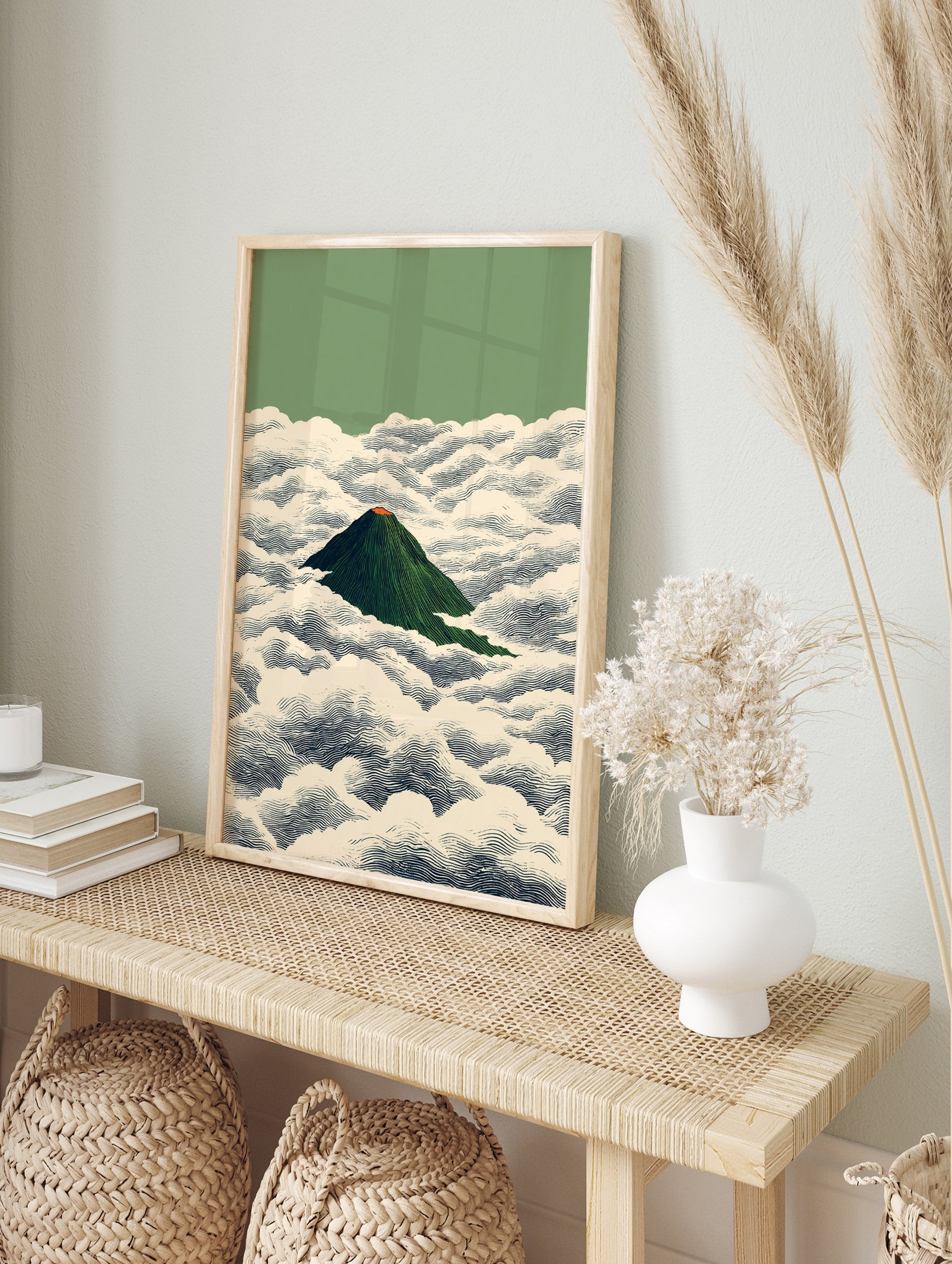 Japanese Mountain Poster featuring a green volcano with an orange peak, surrounded by stylized white and blue clouds. - Image 4