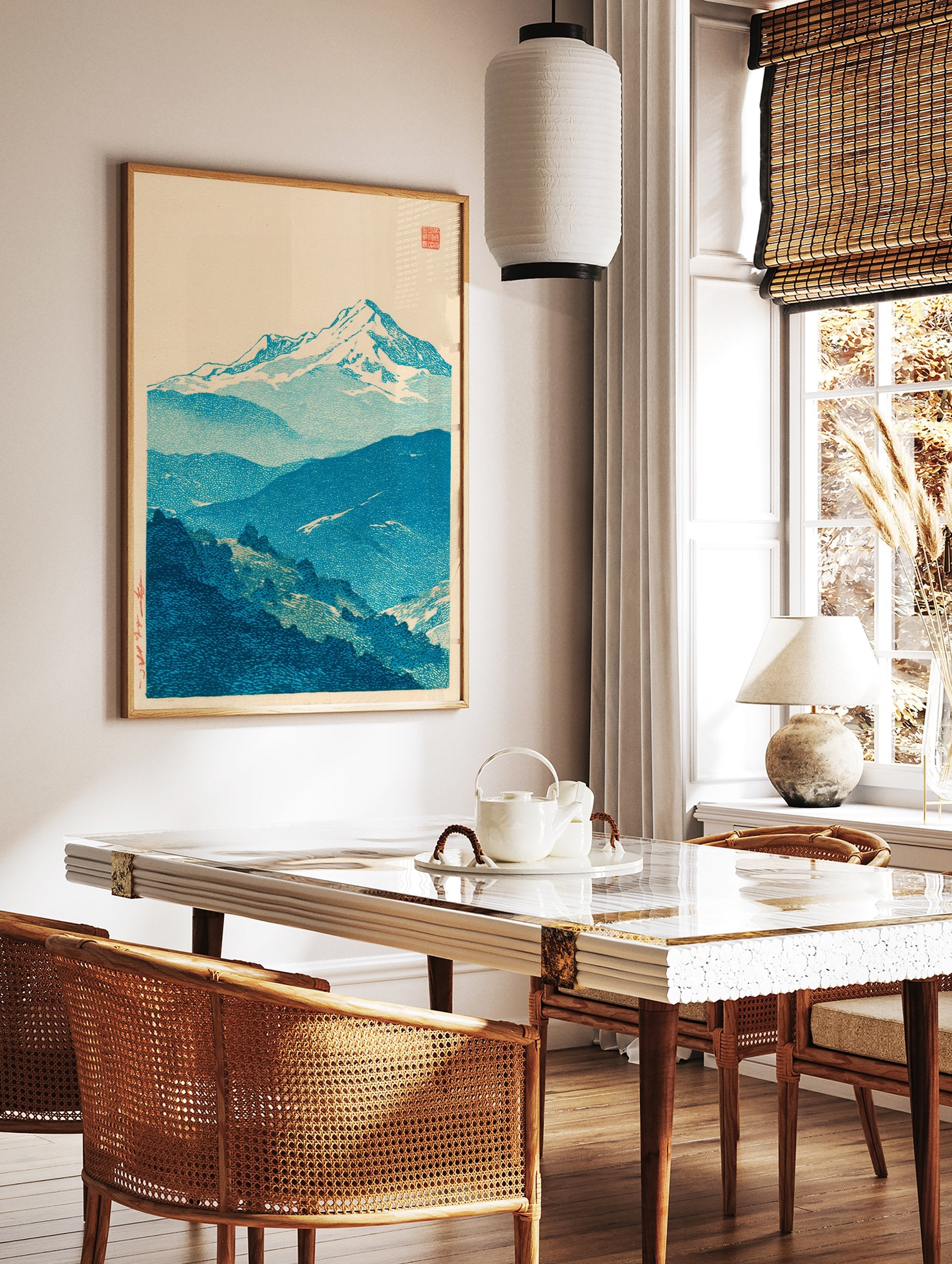 Traditional Japanese woodblock print of blue snow-capped mountains and forested hills against a cream sky. - Image 2