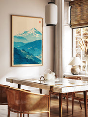 Traditional Japanese woodblock print of blue snow-capped mountains and forested hills against a cream sky. - Image 2