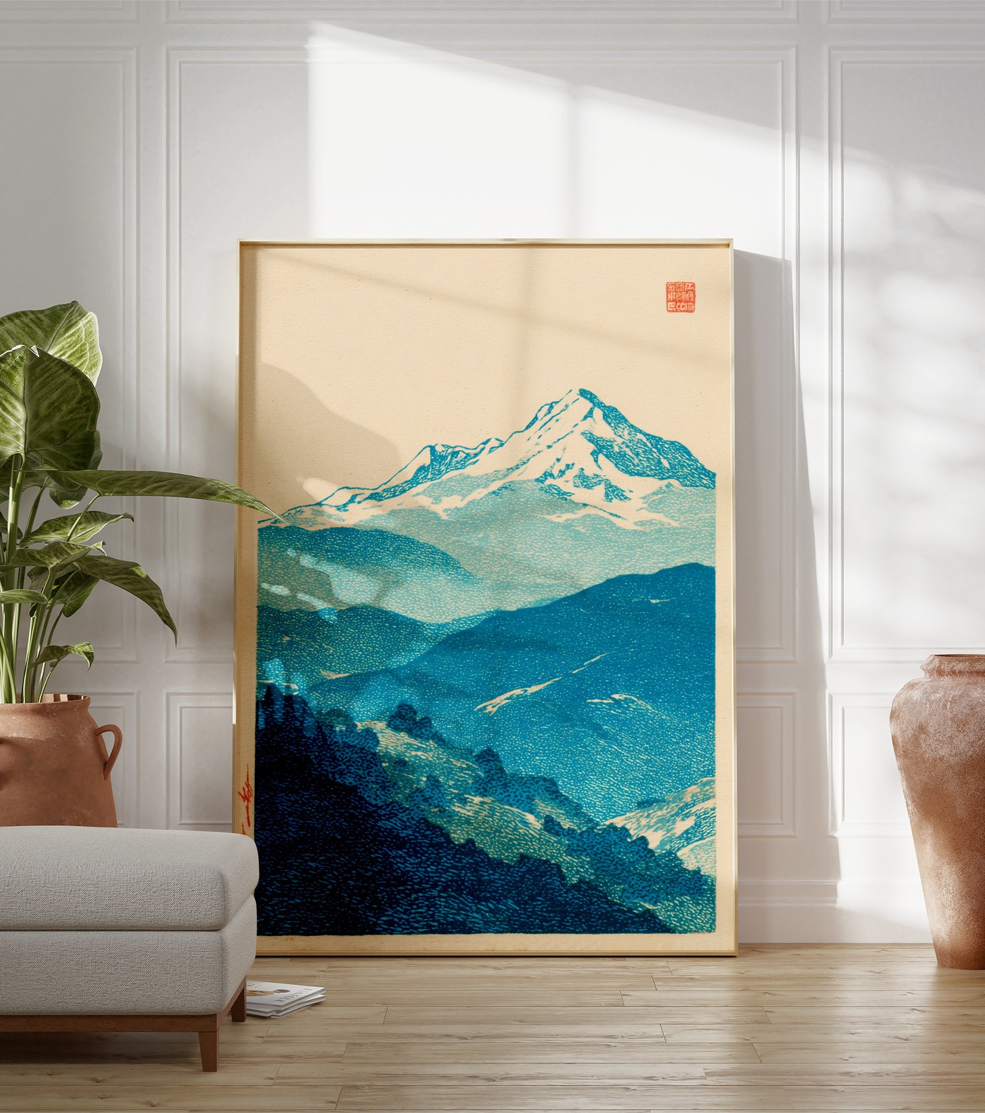 Traditional Japanese woodblock print of blue snow-capped mountains and forested hills against a cream sky. - Image 3