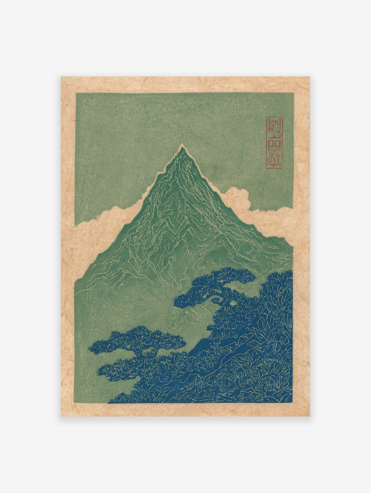 Traditional Japanese woodblock print of a green mountain and blue trees with clouds on a beige paper background.