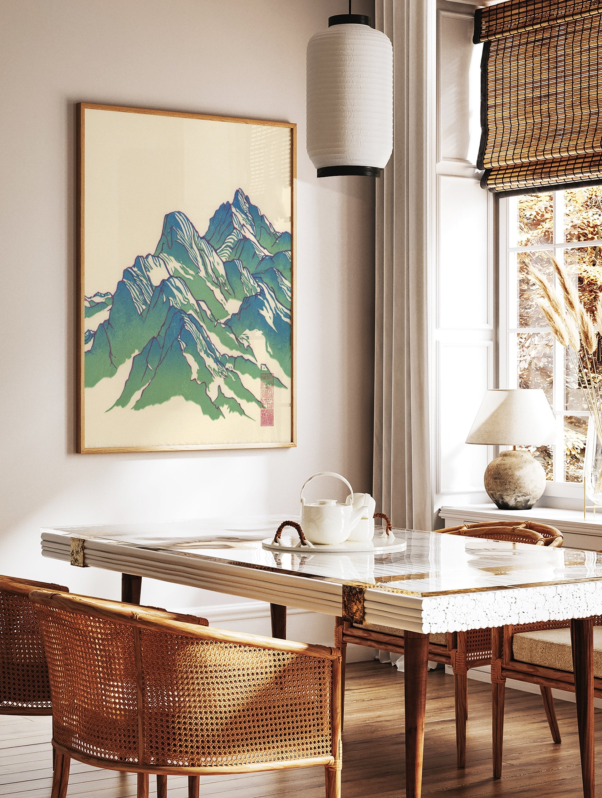 Japanese mountain wall art print featuring blue and green peaks with white highlights on an off-white background, with a red seal. - Image 2