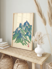 Japanese mountain wall art print featuring blue and green peaks with white highlights on an off-white background, with a red seal. - Image 3