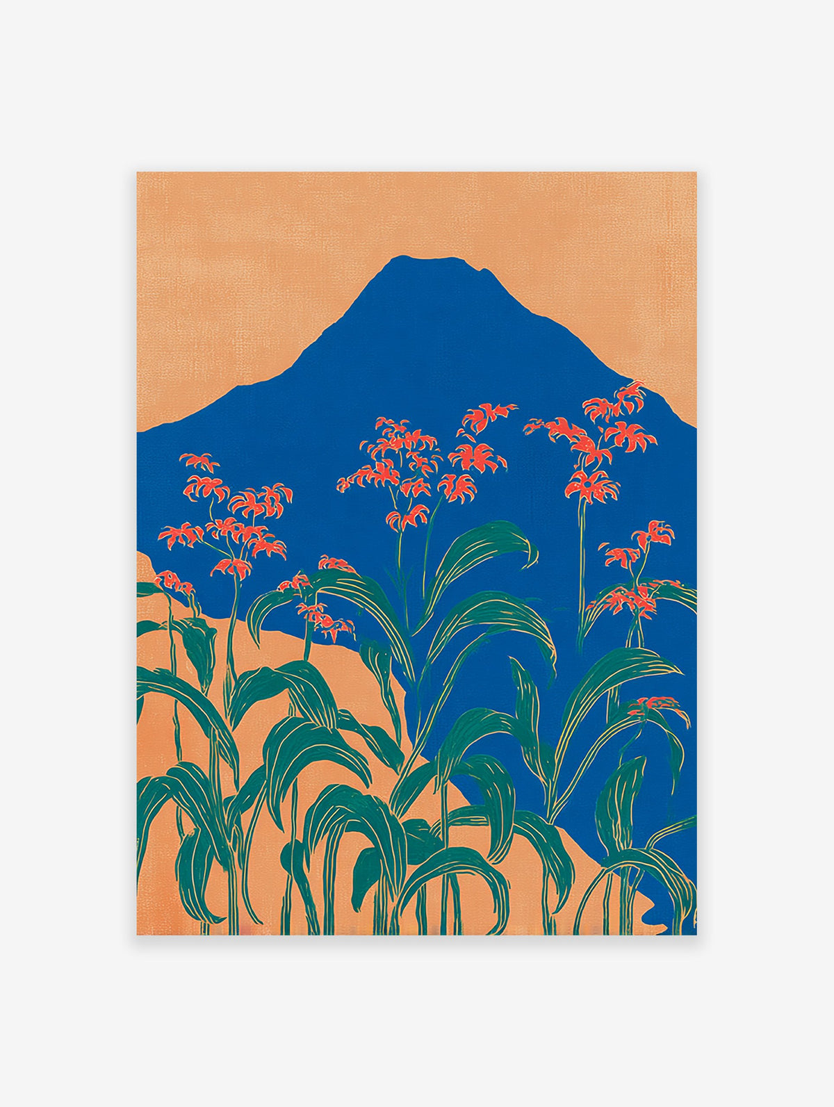 Japanese mountain wall art with a blue mountain, orange sky, and foreground of red-orange flowers and green leaves.
