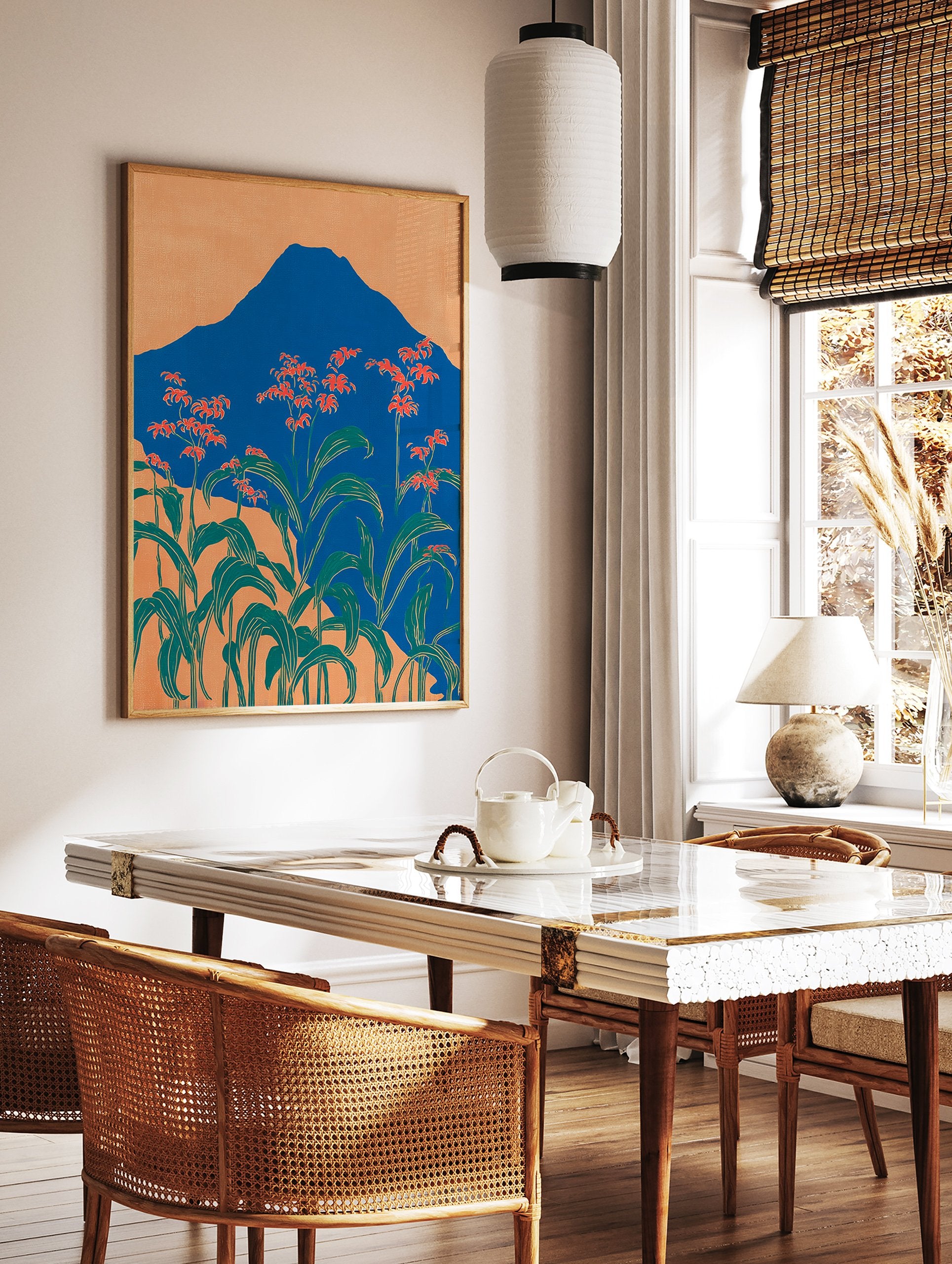 Japanese mountain wall art with a blue mountain, orange sky, and foreground of red-orange flowers and green leaves. - Image 2