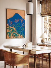 Japanese mountain wall art with a blue mountain, orange sky, and foreground of red-orange flowers and green leaves. - Image 2