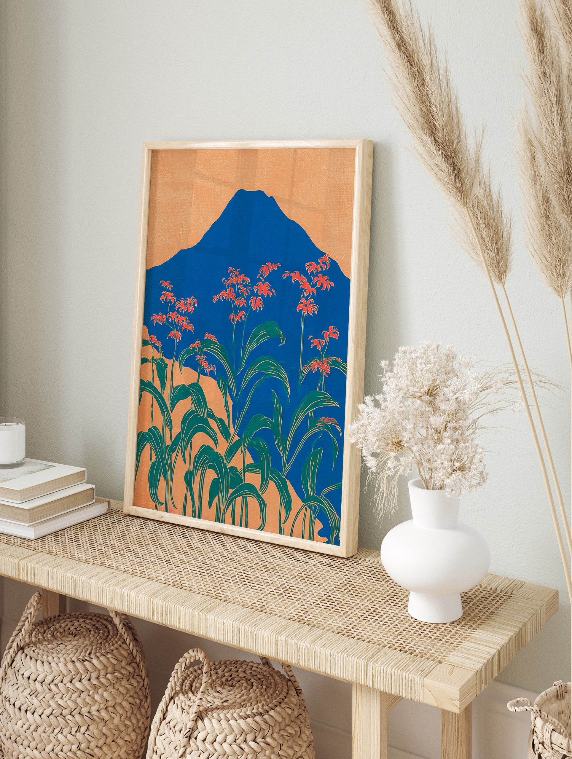 Japanese mountain wall art with a blue mountain, orange sky, and foreground of red-orange flowers and green leaves. - Image 3
