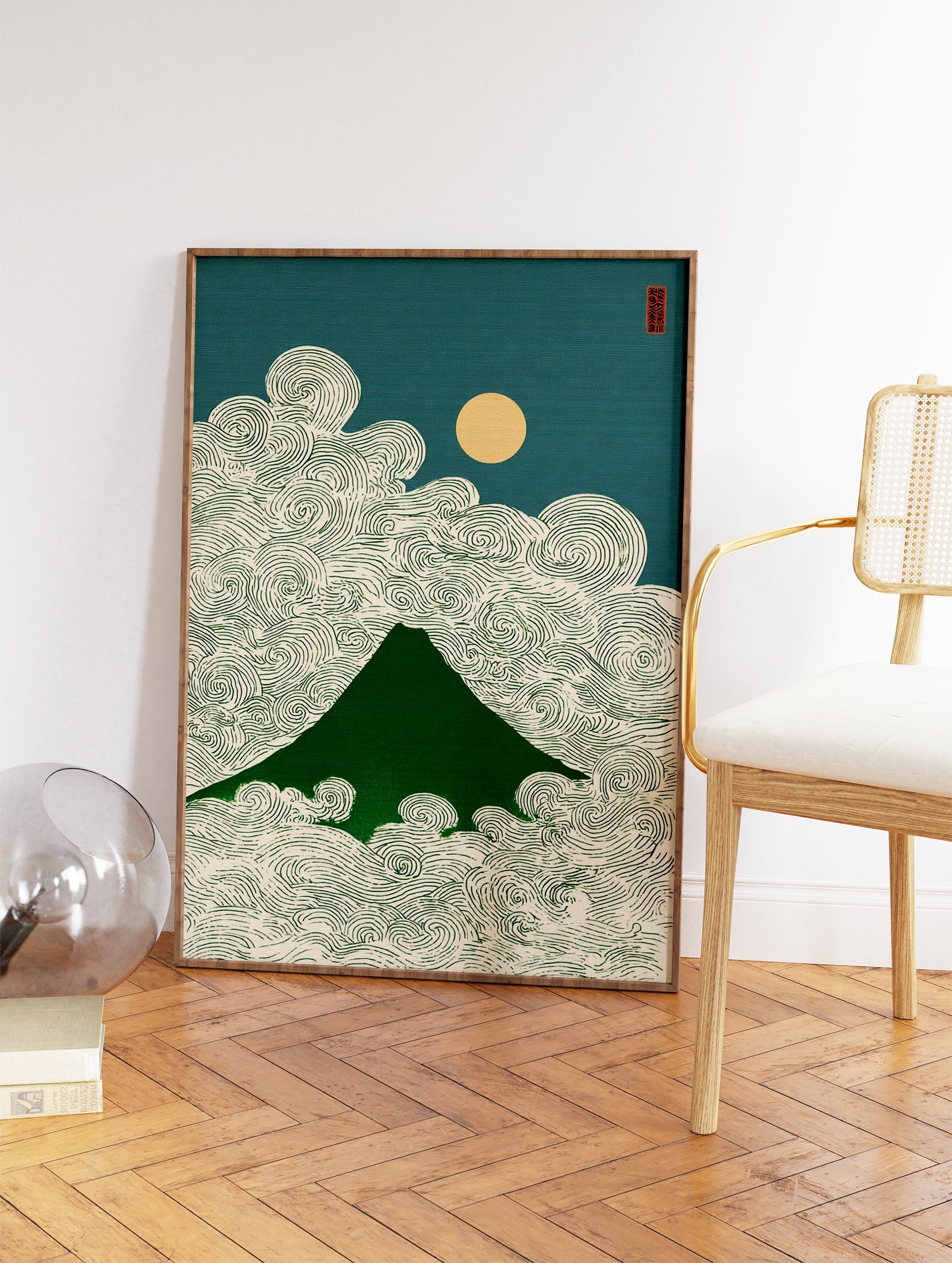 Japanese mountain wall art print with green mountain, swirling clouds, golden sun, and teal sky in traditional Asian style. - Image 2