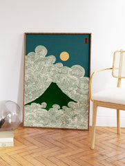 Japanese mountain wall art print with green mountain, swirling clouds, golden sun, and teal sky in traditional Asian style. - Image 2