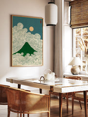 Japanese mountain wall art print with green mountain, swirling clouds, golden sun, and teal sky in traditional Asian style. - Image 3