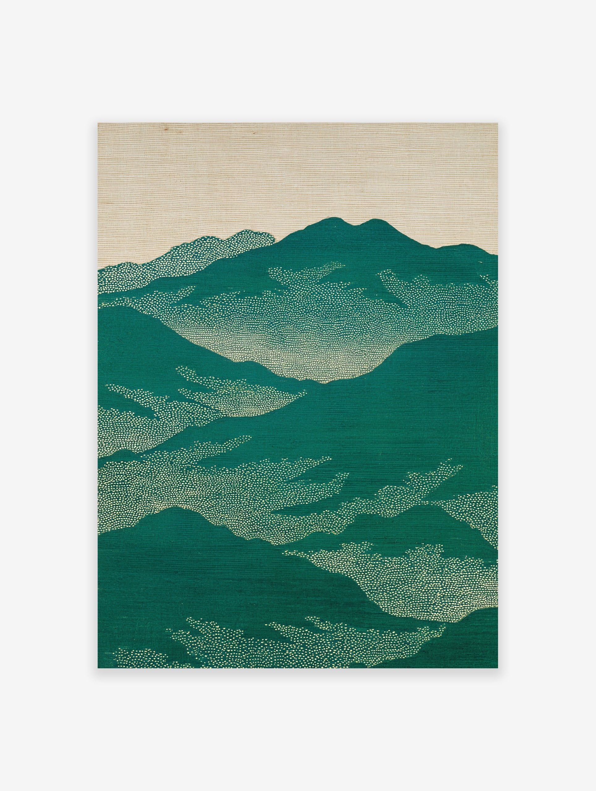 Japanese mountain landscape wall art print with green peaks and dotted clouds against a beige sky, minimalist style.