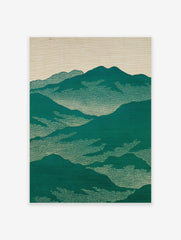 Japanese mountain landscape wall art print with green peaks and dotted clouds against a beige sky, minimalist style.