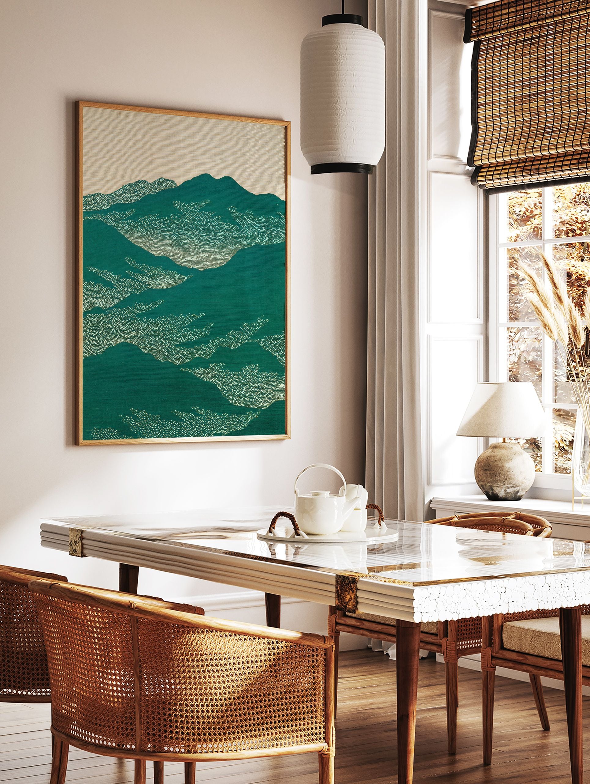 Japanese mountain landscape wall art print with green peaks and dotted clouds against a beige sky, minimalist style. - Image 2