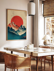 Japanese mountain landscape with red sun, snow-capped peaks, misty blue valleys, and Japanese script, in a styled room mockup