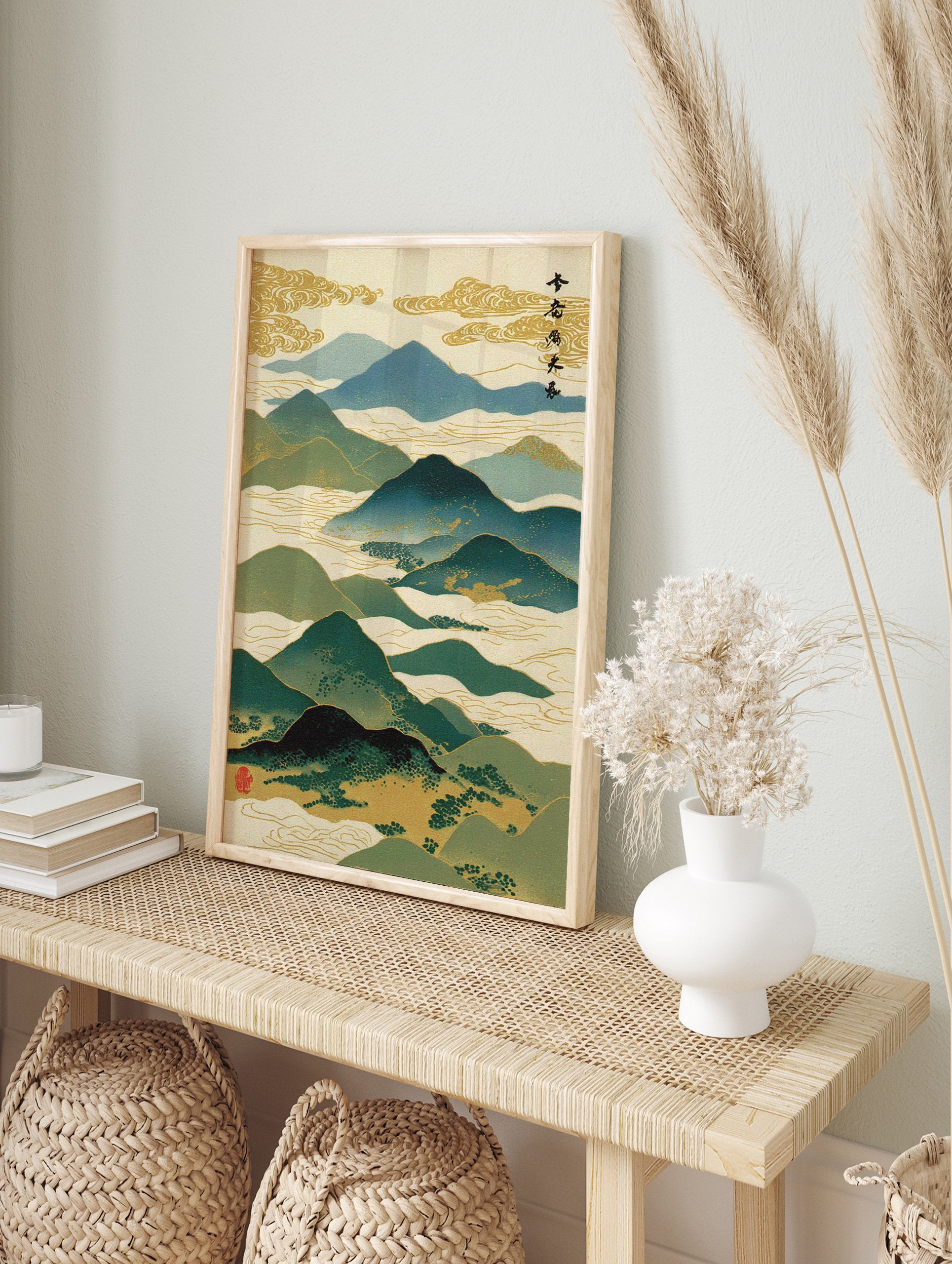 Japanese mountain landscape wall art with blue and green peaks, gold clouds, mist, and traditional calligraphy. - Image 3