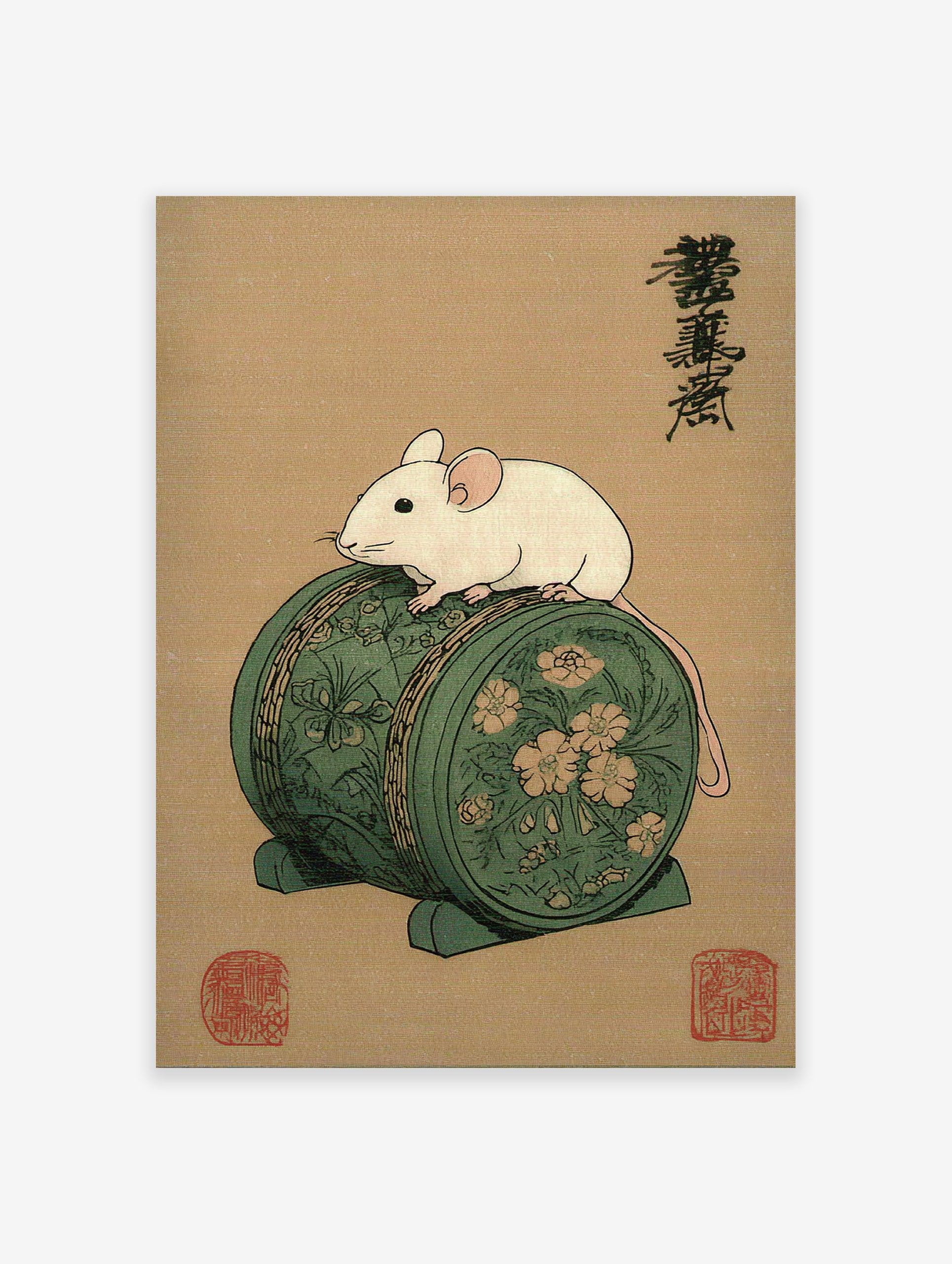 Traditional Japanese Mouse Art Print featuring a white mouse on a green floral drum with calligraphy and red seals.