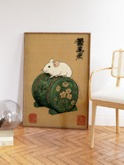 Traditional Japanese Mouse Art Print featuring a white mouse on a green floral drum with calligraphy and red seals. - Image 2