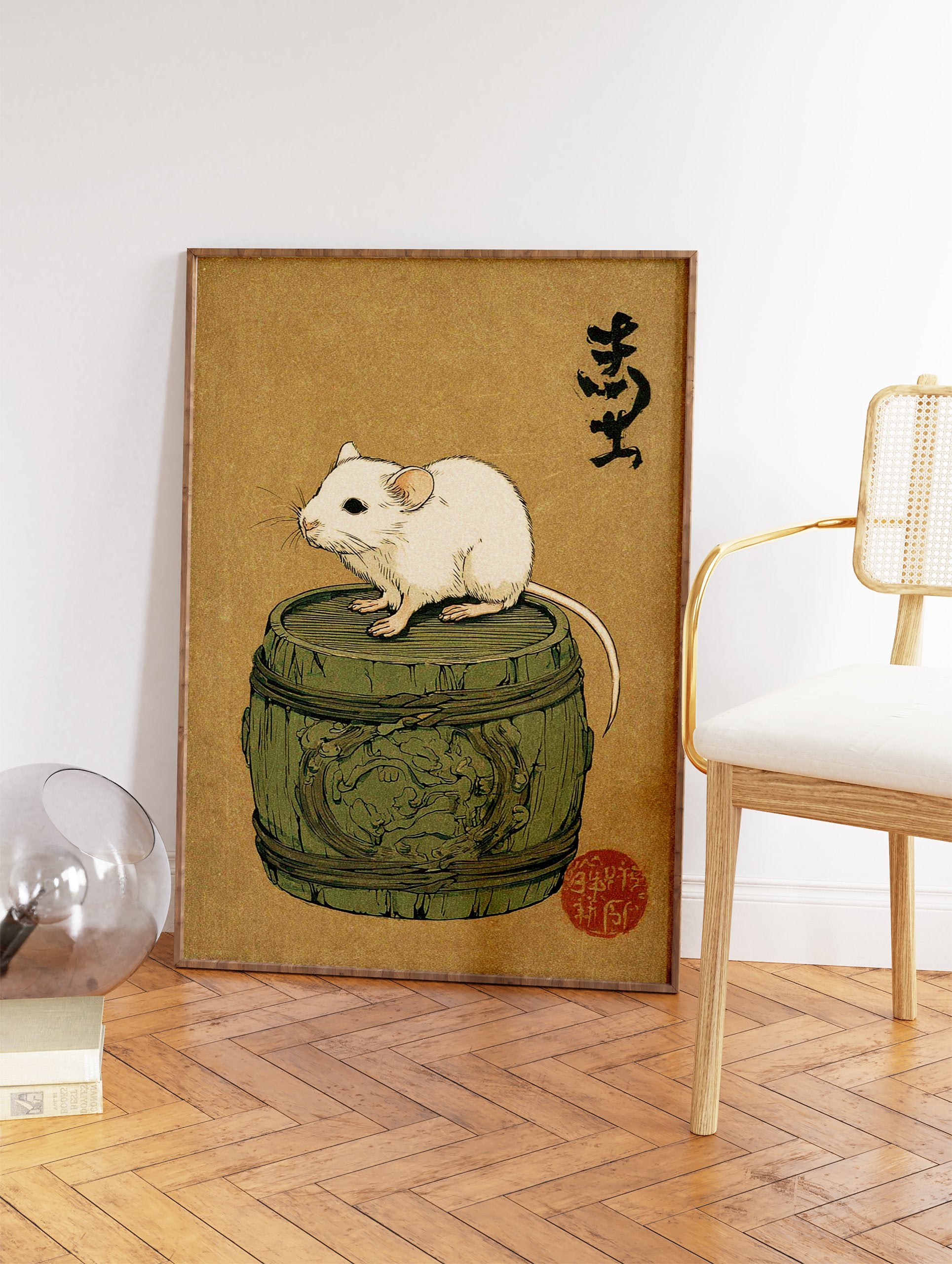 Japanese mouse art print showing a white mouse on a green wooden barrel with black calligraphy and a red seal on brown paper. - Image 2