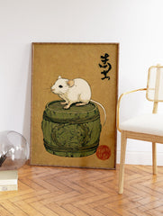 Japanese mouse art print showing a white mouse on a green wooden barrel with black calligraphy and a red seal on brown paper. - Image 2