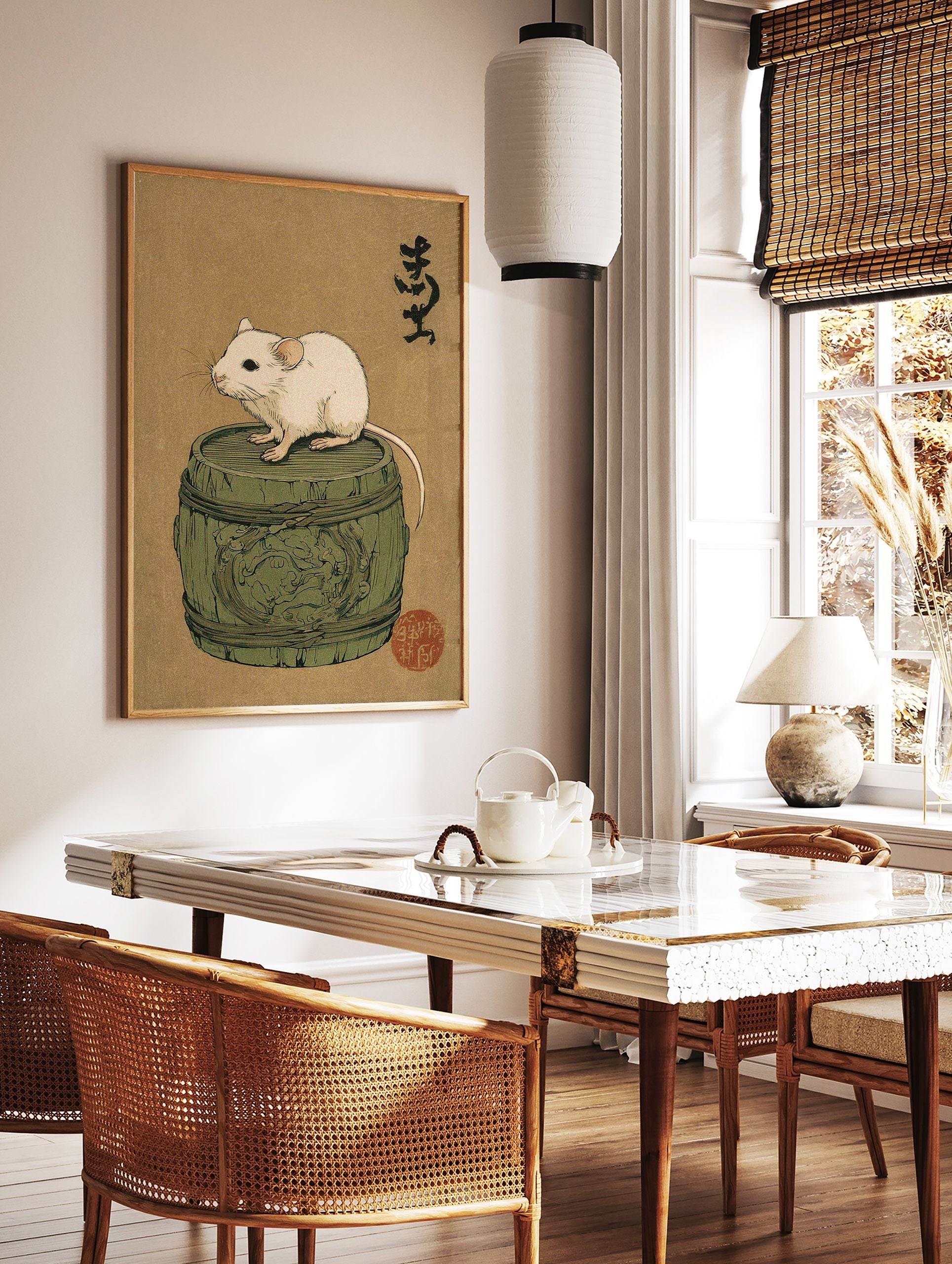 Japanese mouse art print showing a white mouse on a green wooden barrel with black calligraphy and a red seal on brown paper. - Image 3
